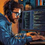 A software developer at work, illustrated in a comic book pop art style.