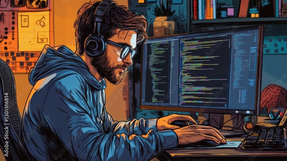 A software developer at work, illustrated in a comic book pop art style.